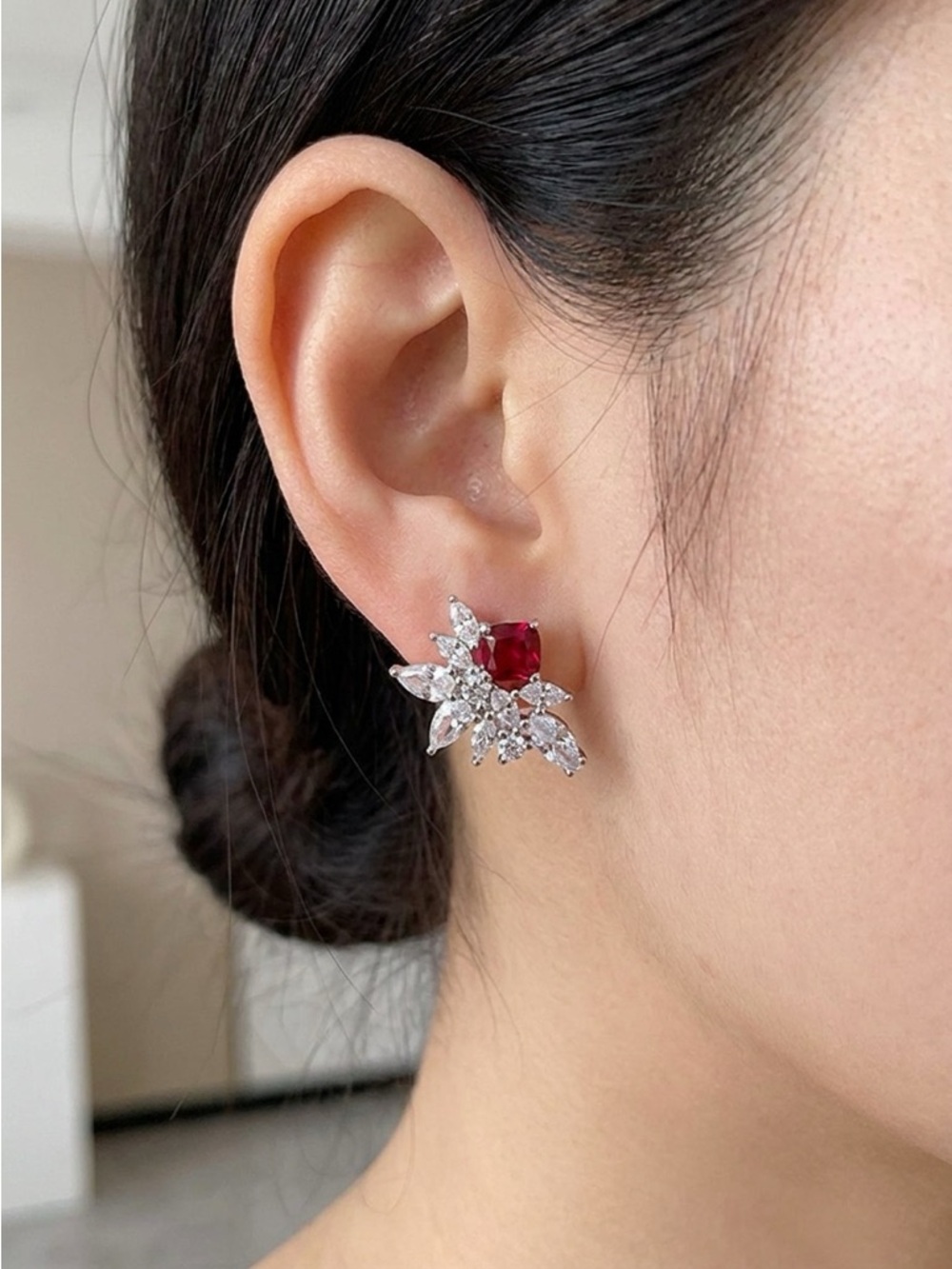 Anthropologie Silver Floral Stud Earrings with Red Gem